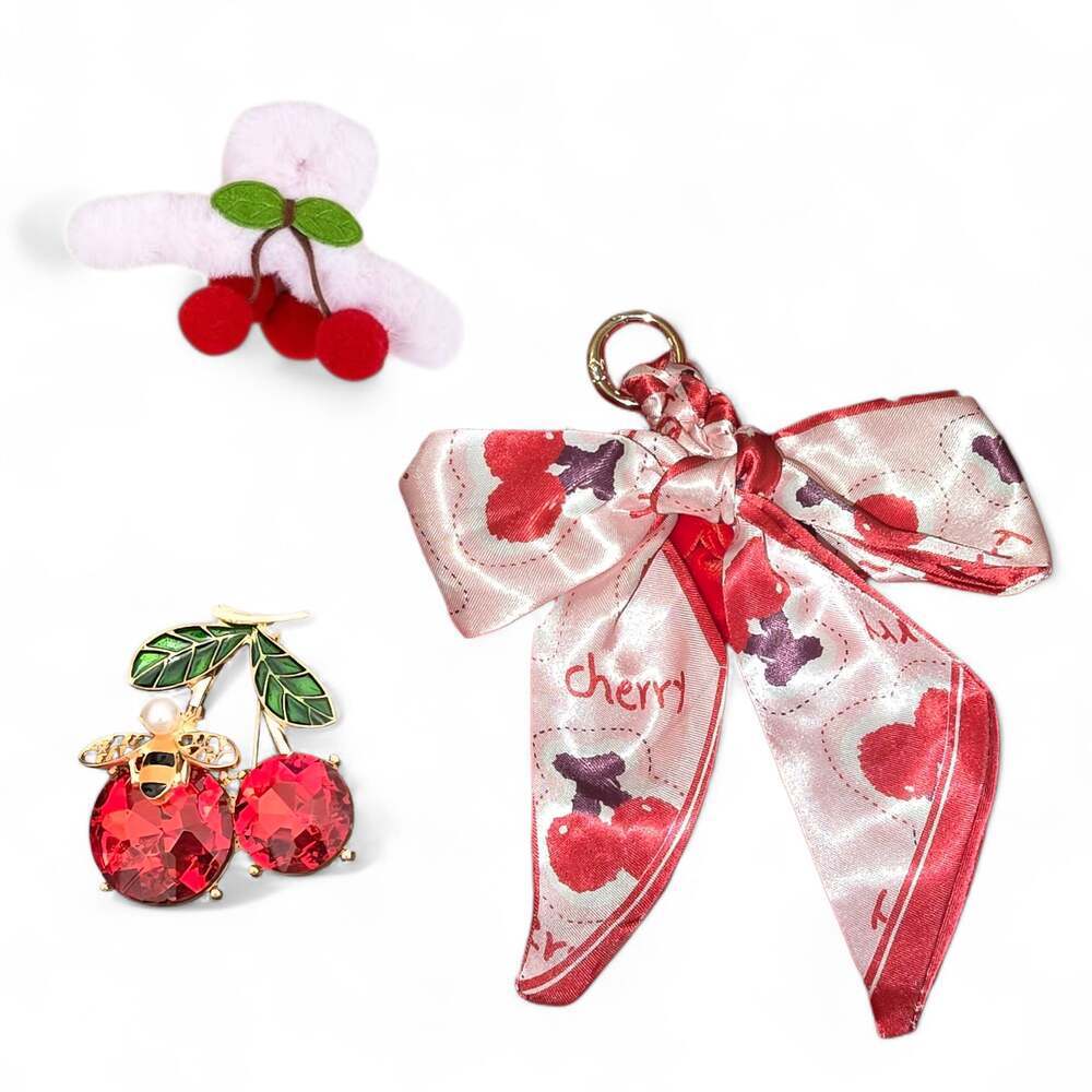 Set of 3 Cherry  Satin Bow Purse Charm   Brooch and Plush Furry Hair Claw Clip